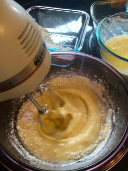 Add the milk mixture and the flour mixture alternately to the eggs.